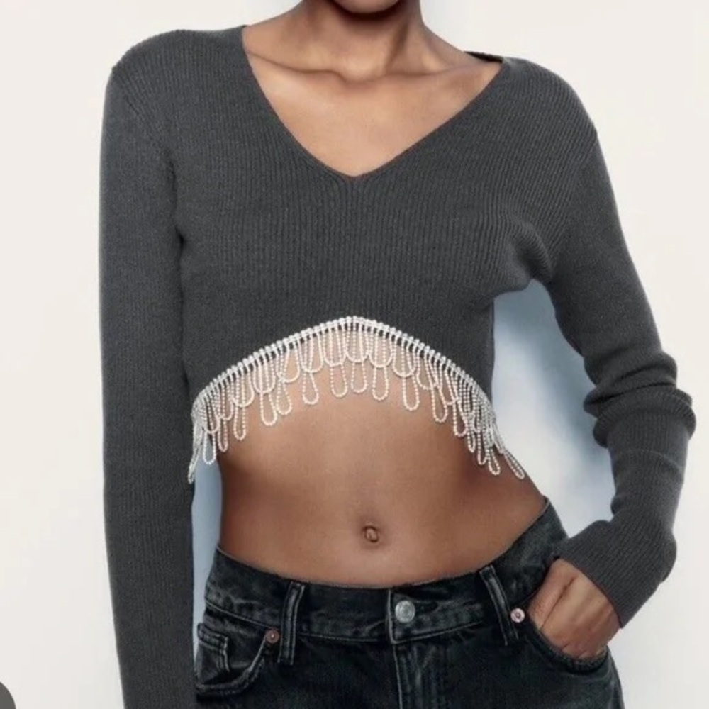 Zara rhinestone detail ribbed long sleeve crop top